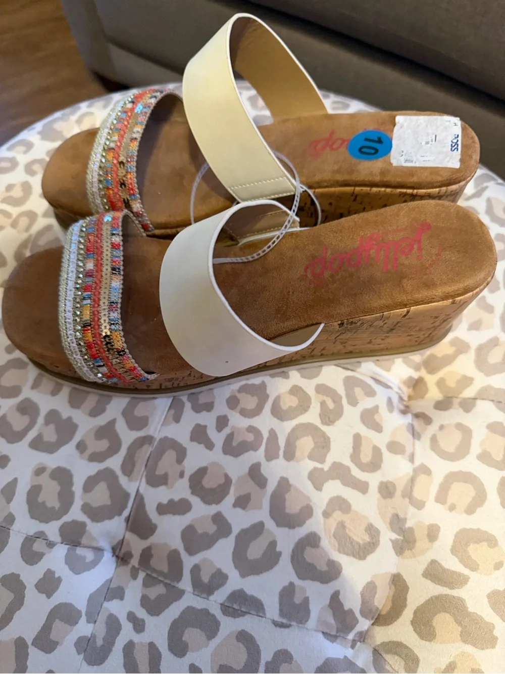 Jellypop Cream Slide Sandals with Multicolor Beaded Toe Strap